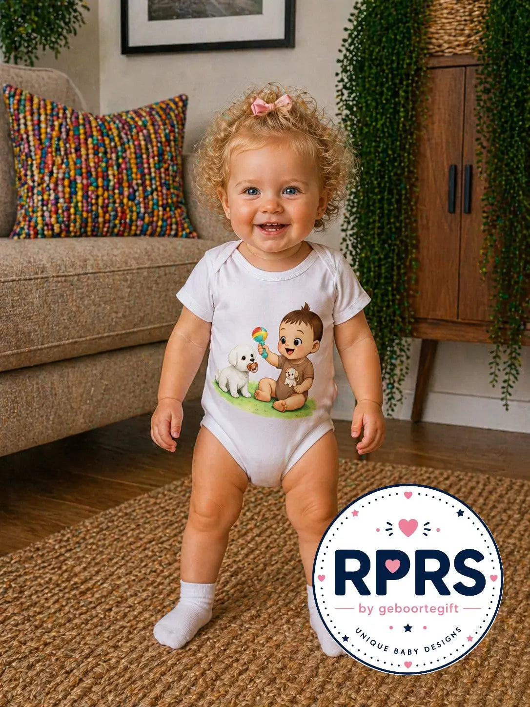 Rompertje Baby speelt met hondje Geboortegift