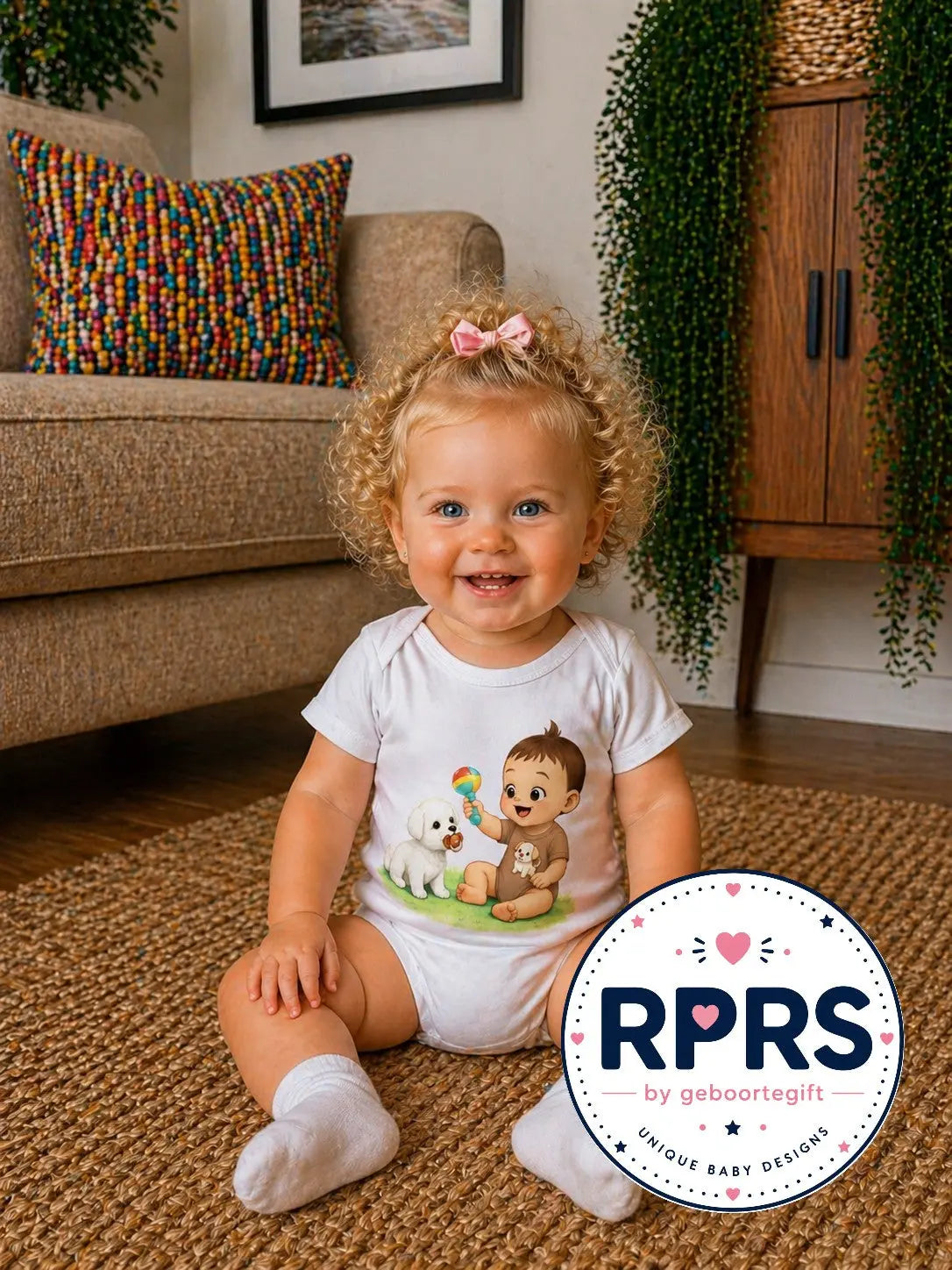 Rompertje Baby speelt met hondje Geboortegift