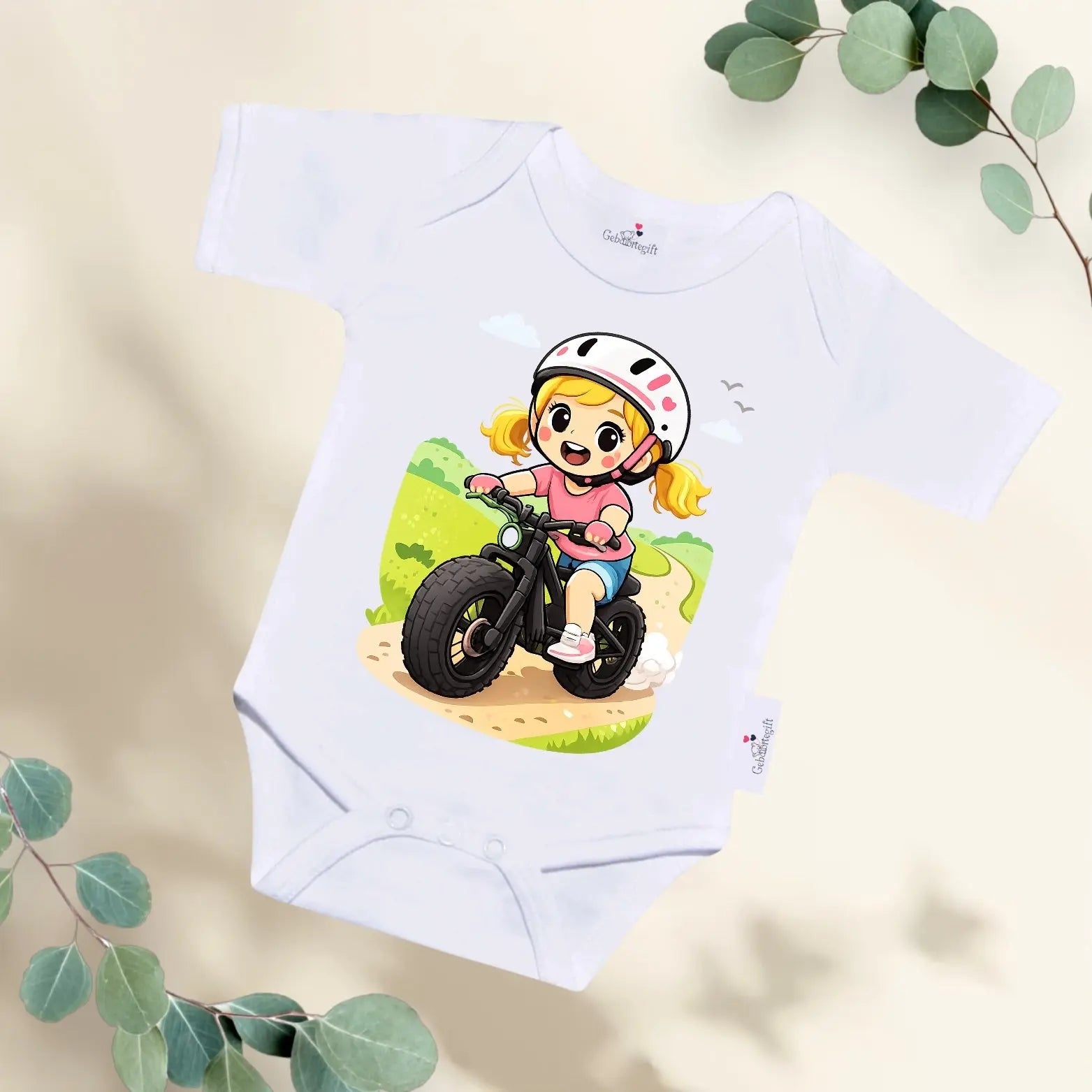 Rompertje Meisje op fatbike Geboortegift