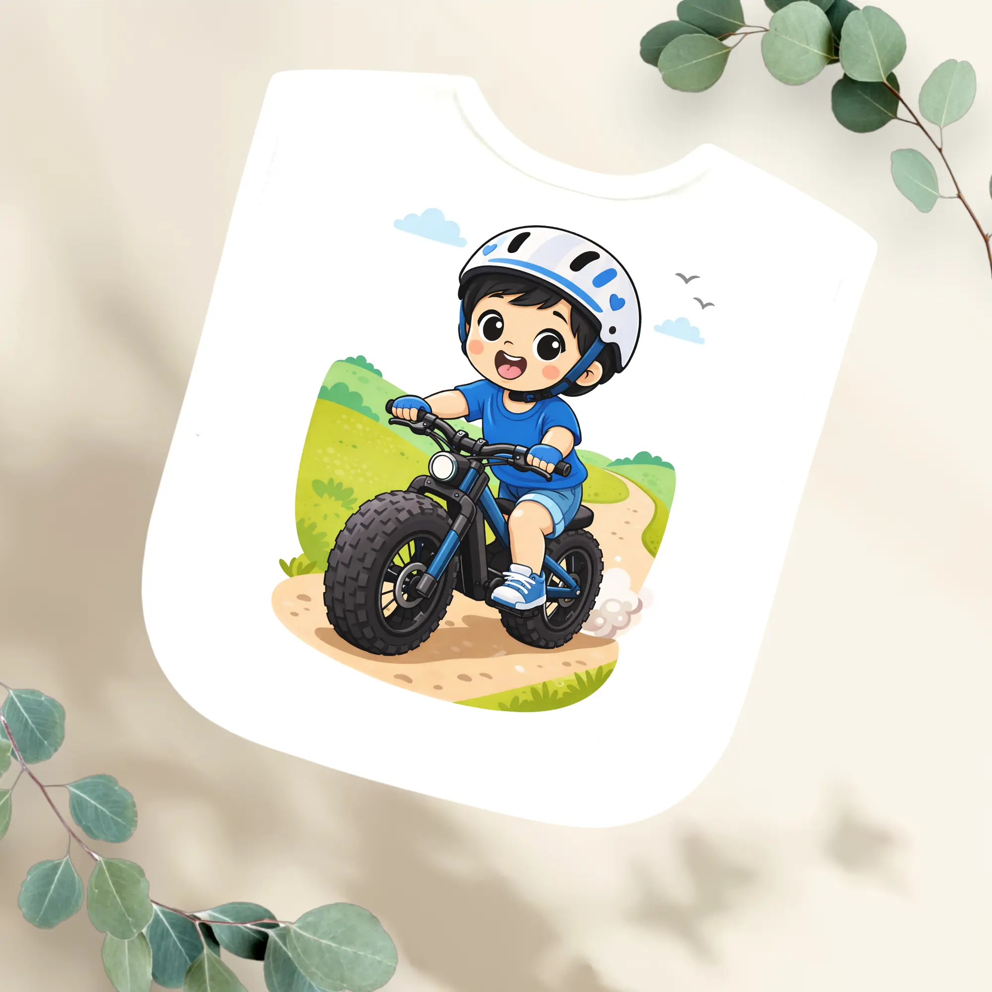Slabbetje jongen op fatbike Geboortegift