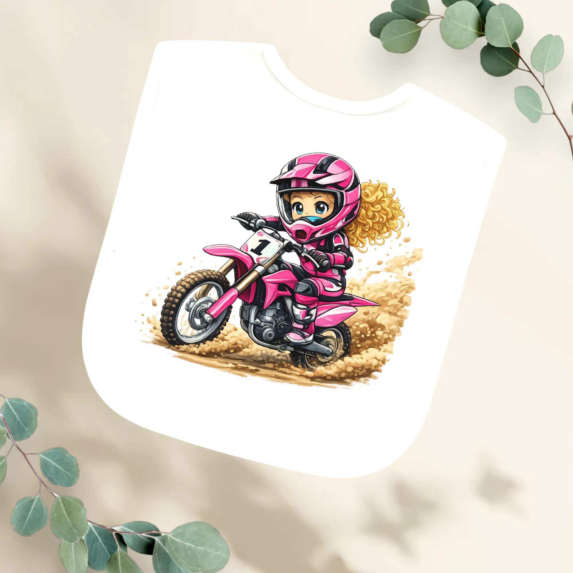 Slabbetje meisje is een motorcrosser Geboortegift